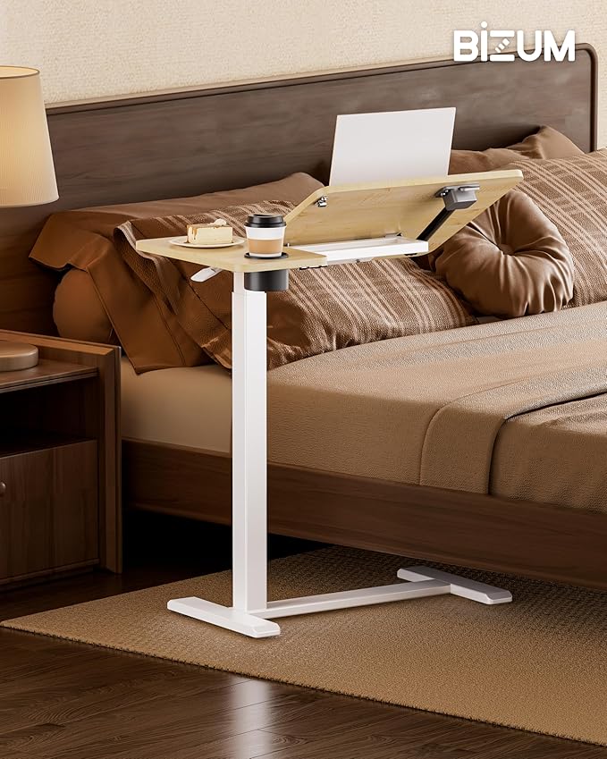 BZIUM Overbed Bedside Table with Hidden Wheels, Adjustable Medical Tilt Top Hospital Bed Table Over The Bed, Rolling Desk Mobile Standing Desk for Hospital&Home Use (Maple)
