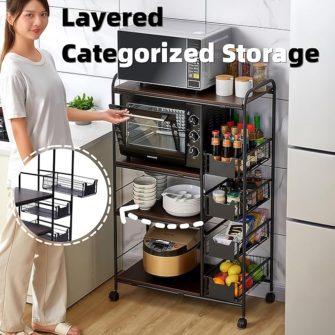 5-Tier Kitchen Carts on Wheels with Storage, Rolling Storage Cart with Handles, Lockable Wheels, 4 Drawers, Utility Carts on Wheels Microwave Stand for Kitchen, Living Room