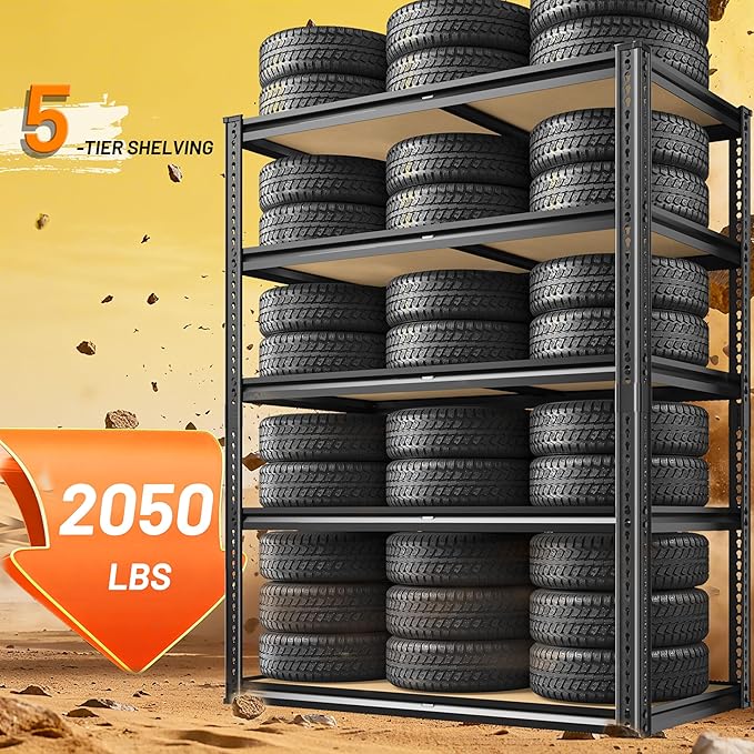2050LBS Storage Shelves Heavy Duty 5 Tier Garage Storage Shelving, Adjustable Metal Shelving Unit Utility Rack Shelf for Warehouse, Pantry, Closet, 72" H x 35.56" W x 16" D, Black.2PCS