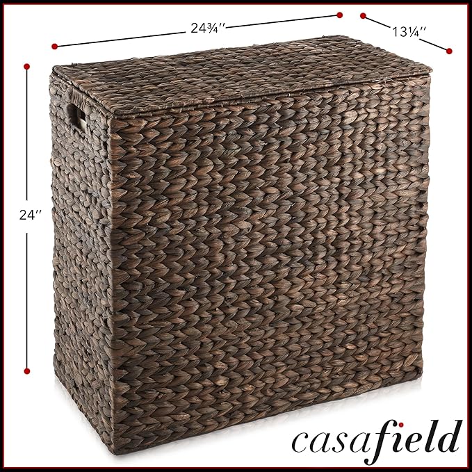 Casafield 2-Section Laundry Hamper with Removable Liner Bags - Espresso Dark Brown, Woven Water Hyacinth Double Laundry Basket Sorter for Clothes