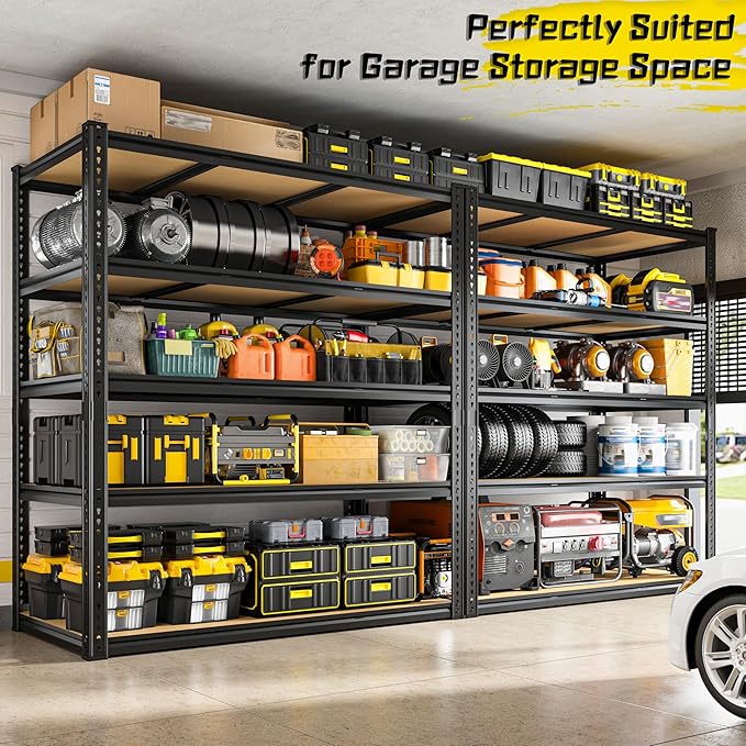 48" W Garage Shelving Heavy Duty 3200LBS Garage Storage Shelving, 5 Tier Adjustable Metal Shelving Unit Utility Rack Shelf for Warehouse, Pantry, Closet, Kitchen 72" H x 48" W x 24" D, Black,2PCS