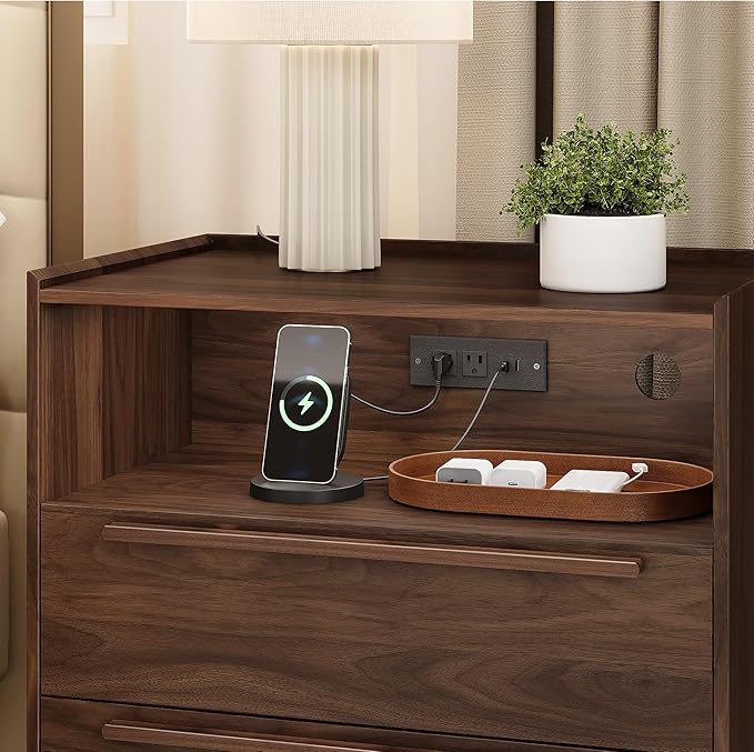 Mid-Century Modern Nightstands Set of 2 with Charging Station, 26" Tall Wood Bedside Tables with Tray Top, USB & Type-C Ports, 2 Drawers and Open Shelf for Bedroom or Living Room, Walnut