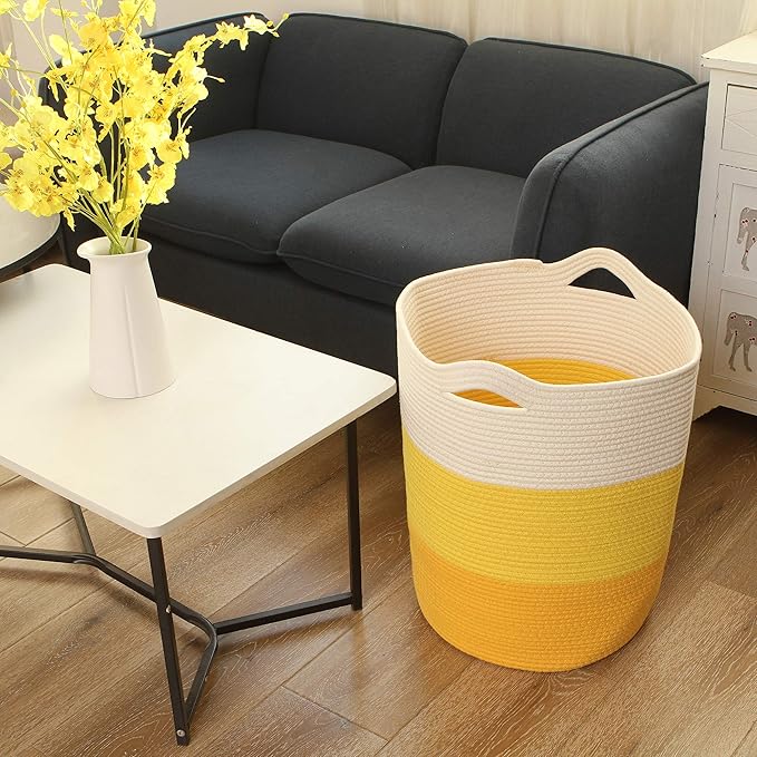 Sea Team Large Size Cotton Rope Woven Storage Basket with Handles, Laundry Hamper, Fabric Bucket, Drum, Clothes Toys Organizer for Kid's Room, 20 x 14 inches, Round Open Design, White & Yellow