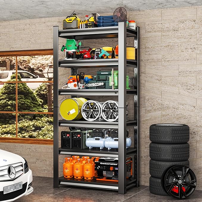 Storage Shelves, Garage Metal Shelving Unit, Adjustable, Double-Layer Column with Reinforced Ribs, Heavy-Duty, Capable of Bearing 3600 lbs, Suitable for Garage, Warehouse, Kitchen Storage