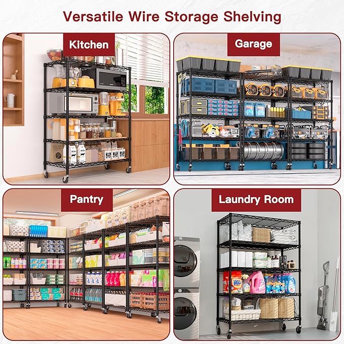 PrimeZone Wire Shelving Unit with Wheels, 5 Tier Adjustable NSF Certified Heavy Duty Metal Storage Shelves, Pantry Organizer Rack Rolling Kitchen Shelf for Closet, 24" W x 18" D x 75" H, Black, 4 PCS