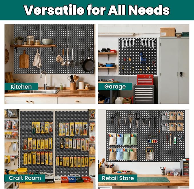 EVERHANGER Metal Pegboard Panels 24" x 12", Heavy Duty Steel Peg Boards for Garage, Pegboard Wall Organizer for Tool Storage and Organization, Black, 4 Pack