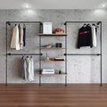 Industrial Pipe Clothing Rack, Wall Mounted Garment Hanging Rack with Shelves, 14.6x122.8x82.7 Inches, Model Y05