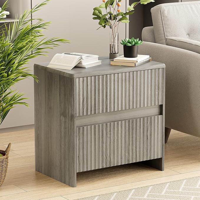 Fleuted Nightstand Set of 2, 23" Wood Bedside Table with 2 Storage Drawers, Modern Night Stand for Bedroom, Office, Grey