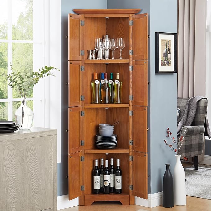 72" H Farmhouse Corner Storage Cabinet with 8 Doors & 4 Shelves, 4 Tier Kitchen Corner Pantry Cabinet Wooden Organizer Case Bookshelf, Home Space Saver Cabinet for Kitchen,Living Room (Oak)