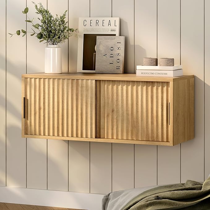 Fluted Wall Cabinet with Sliding Doors, Modern Large Floating Nightstand Storage Shelf Bedside Tables for Bedroom, Study Room Natural Oak