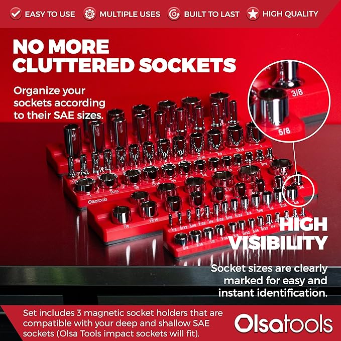 Olsa Tools Magnetic Socket Organizers | 3 Piece Set Socket Holder Kit | 1/2-Inch, 3/8-Inch, & 1/4-Inch Drive | SAE Red | Holds 68 Sockets | Professional Quality Tools Organizer Part 1150