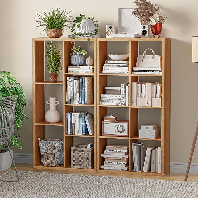 Cube Storage Organizer Bookcase, Decorative 11 inch Open Back Cubical Shelf with Thickened Border, Display Bookshelf for Living Room, Home Office, Sturdy Room (Natural Oak, 7 Cube)