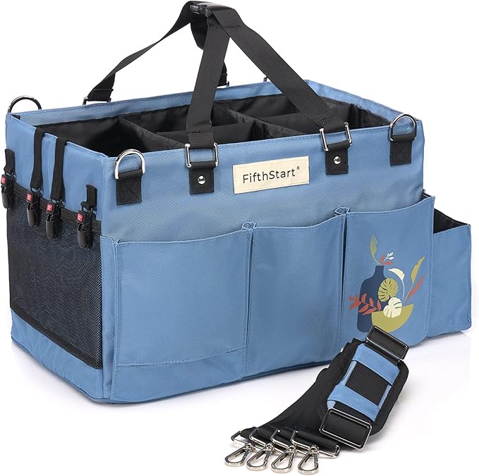 FifthStart Multiuse Organizer Bag - X-Large, Blue - 9 Pockets & Mesh Base for Cleaning Supply Organizer - Adjustable Waist & Shoulder Straps for Cleaning Caddy - Use as Housekeeping Caddy