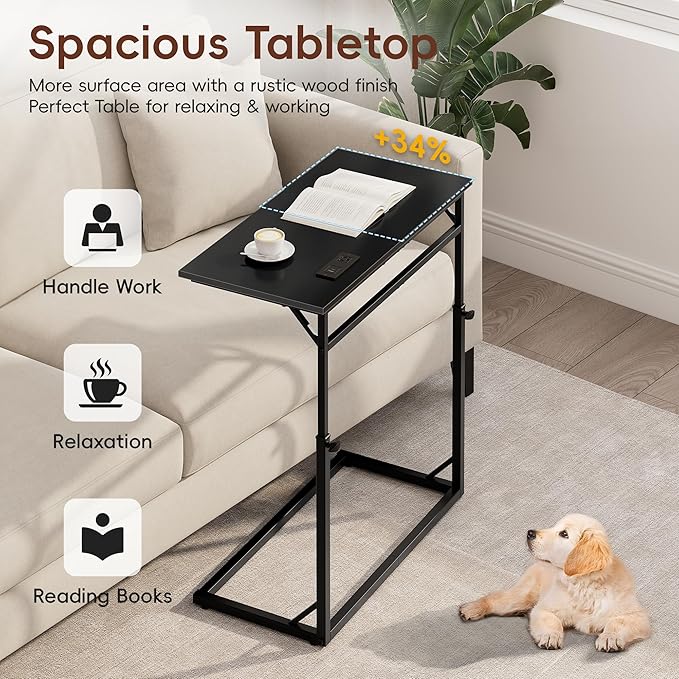 Vagusicc C Shaped End Table with Charging Station, C-Table End Table Adjustable Height Side Table for Couch, Large Couch Tables,Slide Under Sofa Tables TV Tray Arm Tables for Living Room,Bedroom,Black