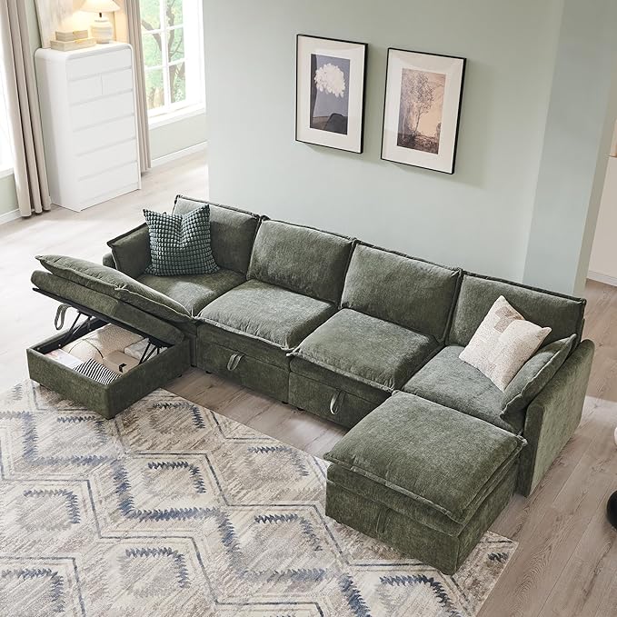 116.54" Sectional Couches for Living Room, Cloud Couch Sectional with Large Storage, U-Shape Modular Sectional Sofa with Ottoman,6 Seater Chenille Sofa with Pillow for Apartment, Bedroom, Green