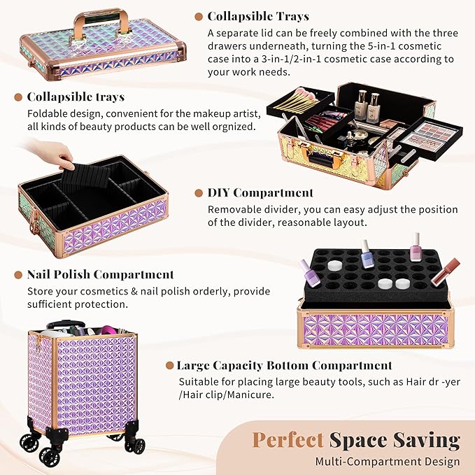 AROUS 5 in 1 Rolling Makeup Train Case Cosmetology Case on Wheels Large Cosmetic Organizer Travel Cart for Hairstylist Artist Nail Beauty Salon Barber,Colorful