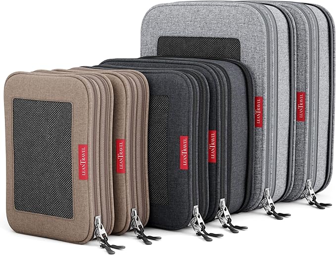 LeanTravel Compression Packing Cubes for Travel Organizers with Double Zipper (6-Pack (2L+2M+2S), Grey-Black-Brown)