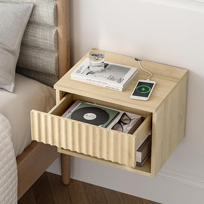 Floating Nightstand with Drawer and Open Shelf, Small Wall Mounted Bedside End Table, Modern Fluted Night Stand for Bedroom, Living Room, Light Oak