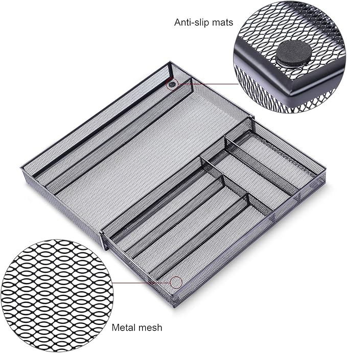 WuGeShop Expandable Office Desk Organizer, 7 compartments Mesh Desk Drawer Organizer Desk Organizer tray, Metal Office Supplies Accessories Storage, Black