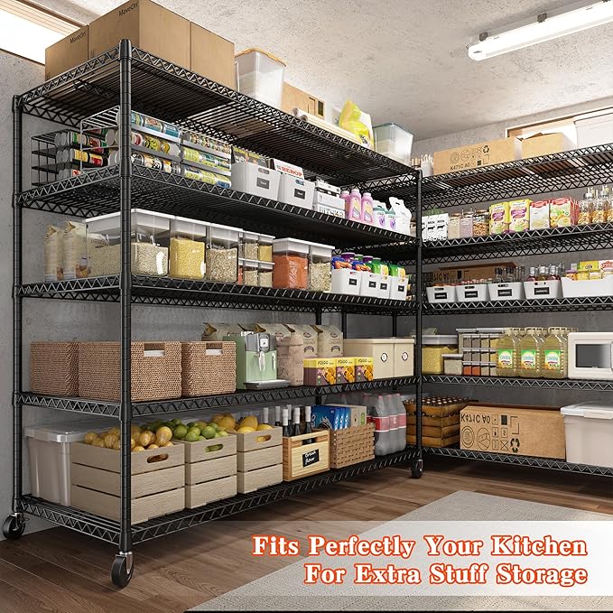 3200LBS Storage Shelves Wire Shelving with Wheels,Adjustable Garage Shelving Heavy Duty Steel Metal Shelving Unit Shelf Rack for Warehouses,Garage,Kitchen,School,Commercial,73" H X 60”W X 18" D