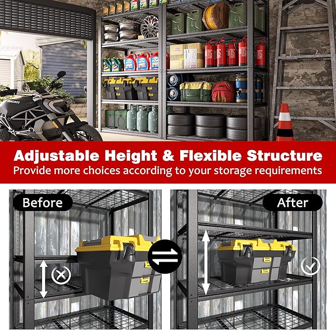 BlueWish Heavy Duty Adjustable Shelves, 24’’x48’’x72’’ Tool Utility Shelves Metal Garage Shelving Unit, 5-Tier Utility Storage Organizer Racks 3000LBS Utility Racks for Industrial