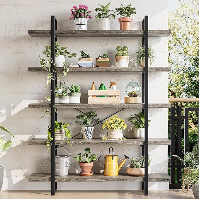 Bookshelf Set, Heavy Duty 5-Tier Industrial Bookcase, 47" Wide Wood Bookshelf for Home Office, 120lbs Shelf Capacity, Rustic Open Display with Horizontal Shelf for Living Room Bedroom, Grey