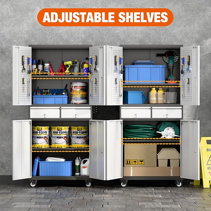 Aobabo Metal Storage Cabinet with Locking Doors and Pegboards, Steel Rolling Tool Storage Cabinet with 2 Drawer and 2 Adjustable Shelves for Garage, Kitchen, Office, Assembly Required, Black Grey