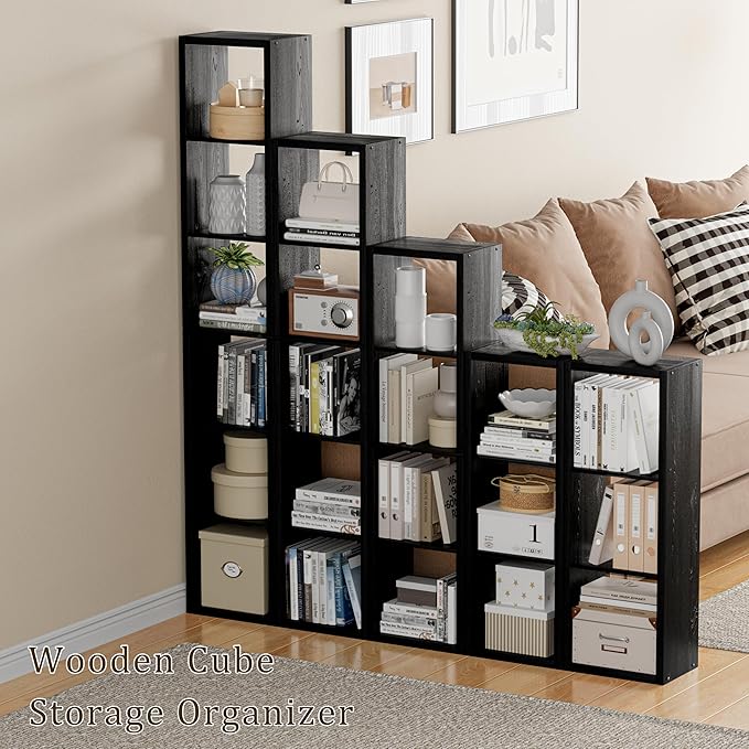Cube Storage Organizer Bookcase, 3 Tier Decorative 11 inch Open Back Cubical Shelf with Thickened Border, Display Bookshelf for Living Room, Home Office, Sturdy Room (Black, 3 Cube)