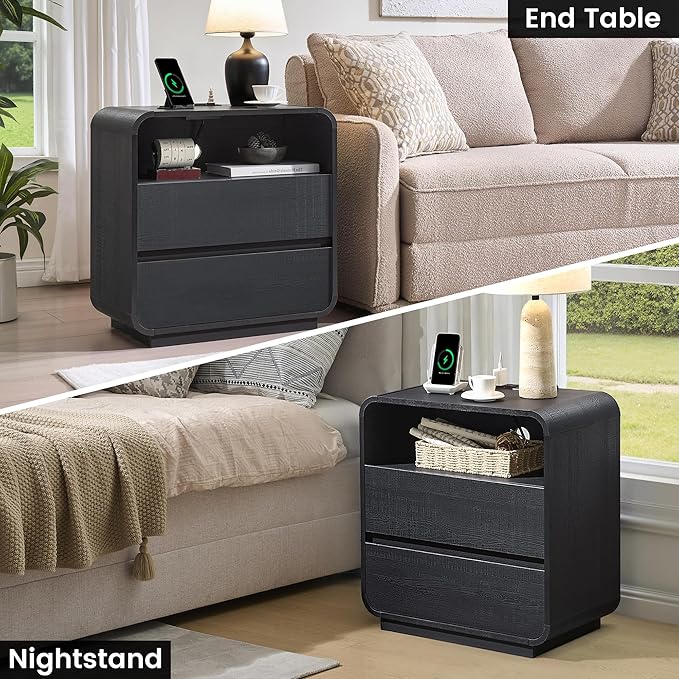 Curved Black Nightstand with Charging Station, 25" Tall Wood Night Stand, Modern Bedside Table with 2 Storage Drawers, End Table for Bedroom, Dorm, Sofa, Office