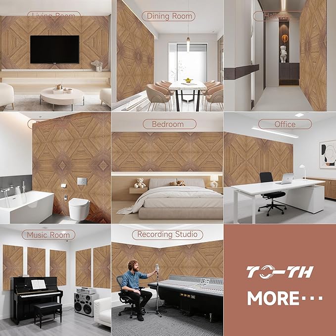TO-TH Acoustic Wall Panels,6 Pack Total Size 72 x 48 Inches,Self-Adhesive Decorative Acoustic Panels for Wall and Ceiling,3D UV Printing with Wood Look,Beech
