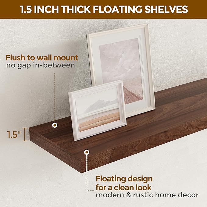 Fun Memories 36x9.3 Floating Shelves for Wall, Wood Floating Shelf 36 Inch Long, Large Deep Wall Shelves for Home Decor & Storage, Rustic Deep Shelf for Living Room, Bedroom, Kitchen, Walnut Color