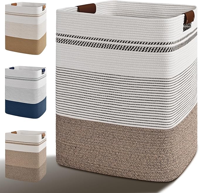 Laundry Hamper, 85L Tall Laundry Basket with Leather Handles, Rectangle Large Clothes Hamper for Organizing, Cotton Woven Laundry Baskets Storage Hampers for Bedroom, Nursery, Living Room