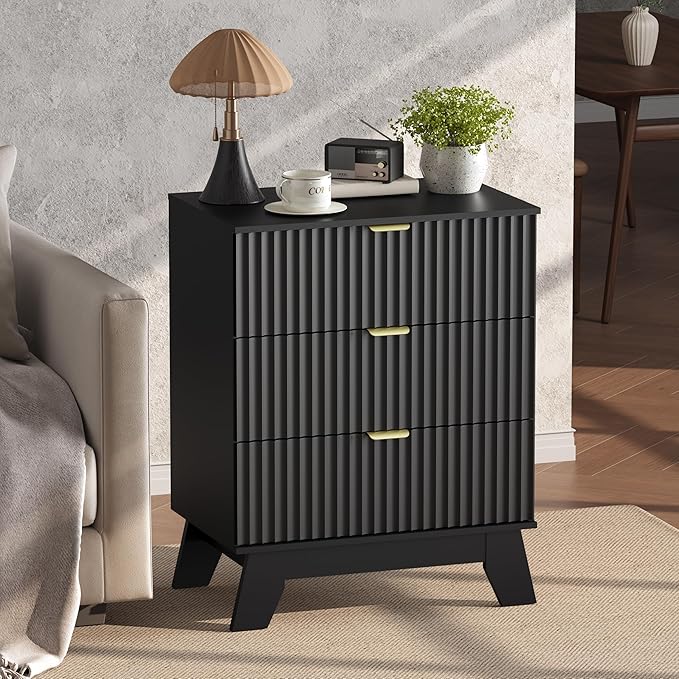 Black Night Stand with 3 Drawers, Bedside Table & End Table, 24" Wide Mid Century Modern Fluted Wood Nightstand with Metal Handles, Farmhouse Night Stands for Bedroom