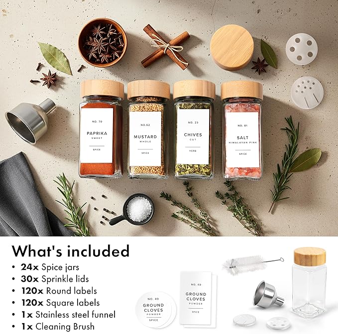 Square Spice Jars with Bamboo Wooden Lid (Pack of 24) Spice Jars with Shaker Insert and 240 Labels - Bamboo Lid Glass Container for Spice Organisation [4.3 in × 1.8 in]