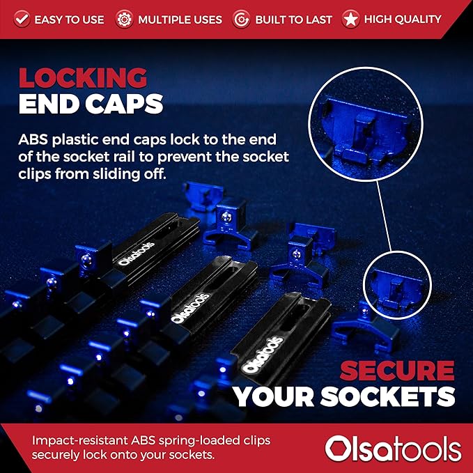 Olsa Tools Aluminum Socket Organizer, 3pc Set - Locking End Caps - 1/4-Inch Drive x 24 Clips, 3/8-Inch Drive x 18 Clips, 1/2-Inch Drive x 16 Clips - Professional Grade - Black - Part: 1181