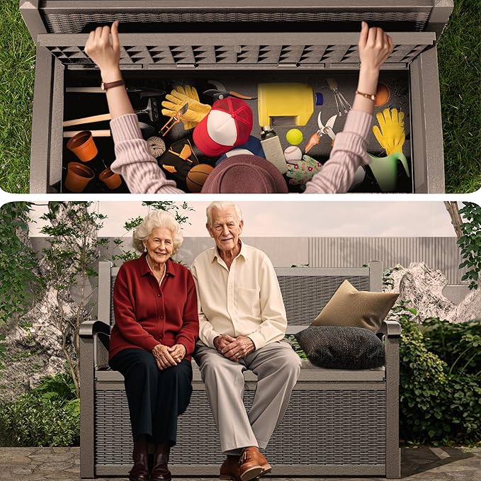Outdoor Storage Bench - Waterproof Resin Patio Bench, Multi-Functional Patio Bench with Storage for Garden, Deck, or Entryway