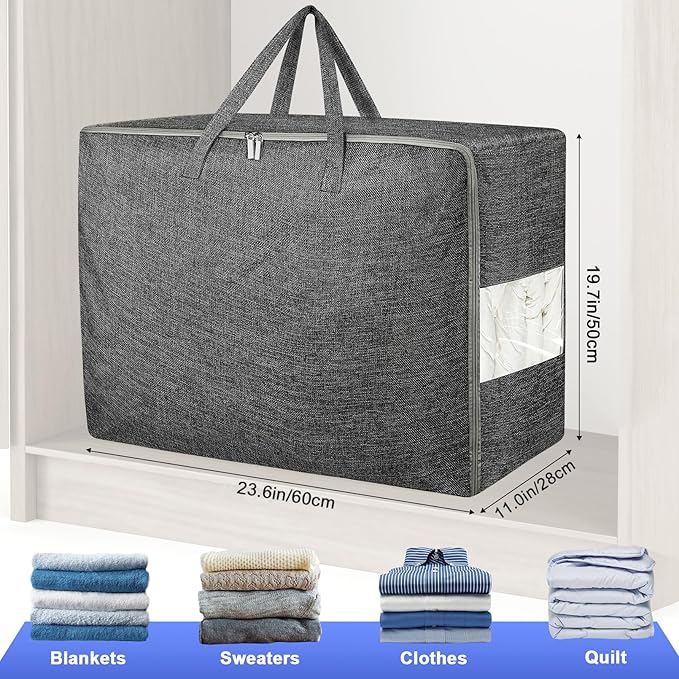 84L Extra Large Storage Bags, Folding Moving Comforter Blanket Storage Bags Closet Organizers and Storage Containers with Strong Handles&Zippers Clear Window for Clothes Bedding Pillow, Black