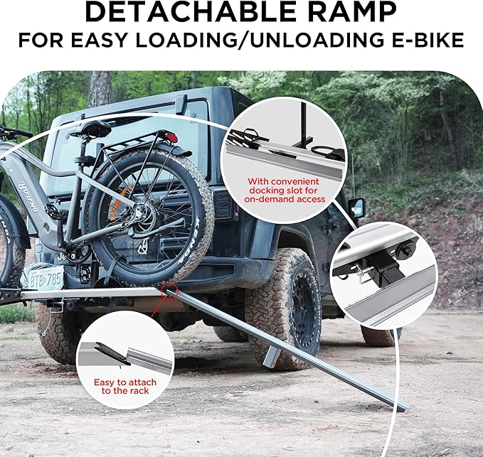 RokRack S One 1-Ebike Rack with Ramp, 100 lbs Capacity, Single Hitch Mount Electric Bike Rack, Fits up to 5" Fat Tire Width and 50" Wheelbase, Ebike Carrier Rack for 2" Receiver for Cars SUVs Vans RVs