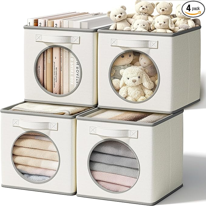 Vailando Foldable Fabric Storage Cube with Round Window - 4 Pack 11"x11"x11" Collapsible Closet Organizer Bins for Clothes, Shelves, Offices, Toys & Misc, White & Ivory