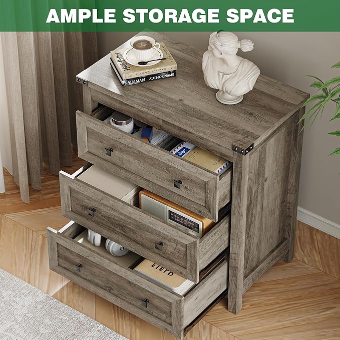 Dresser for Bedroom with 3 Drawers, Small Chests of Drawers, 27.55" Wide Farmhouse Wood Nightstand Bedside Cabinet End Table, Modern Closet Storage Organizer for Living Room, Entryway, Hallway, Grey