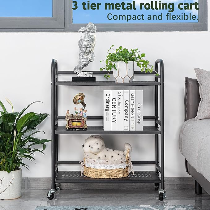 HDANI 3 Tier Metal Rolling Heavy Cart Supports 40 Lbs Per Tier,Mesh Rolling Cart with 2 Lockable Wheels for Office,Home,Bedroom,Kitchen,Bathroom(Black)