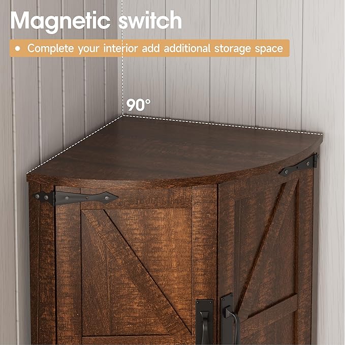 Vabches 64.8" Tall Farmhouse Corner Cabinet with 4 Doors and 5 Storage Shelves, Farmhouse Storage Cabinet with Barn Door Design, Home Space Saver for Living Room, Kitchen, Laundry Room,Brown