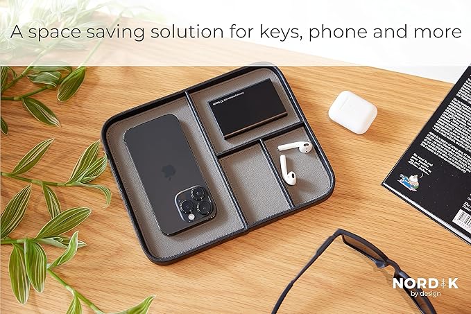 Nordik Leather Valet Tray - Pebble Black - 9.5 x 7.9 Inch Medium Vegan Leather Tray - Stylish Nightstand Organizer for Men - Modern Bedside Caddy - EDC Catchall for Key Watch Wallet Jewellery