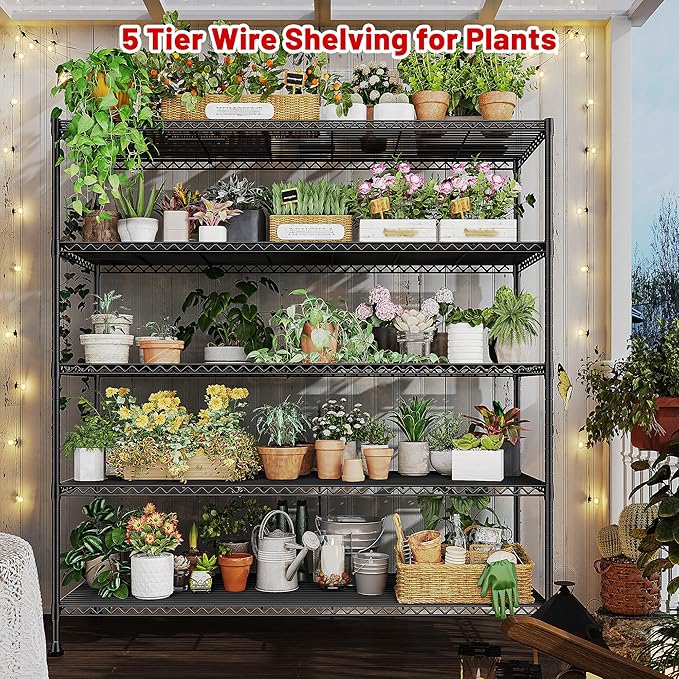 REIBII 45.8“W Storage Shelves Metal Shelving, 5-Tier Wire Shelving, Sturdy Garage Shelving, Adjustable Storage Rack for Pantry Kitchen Dining Room Supermarket Commercial