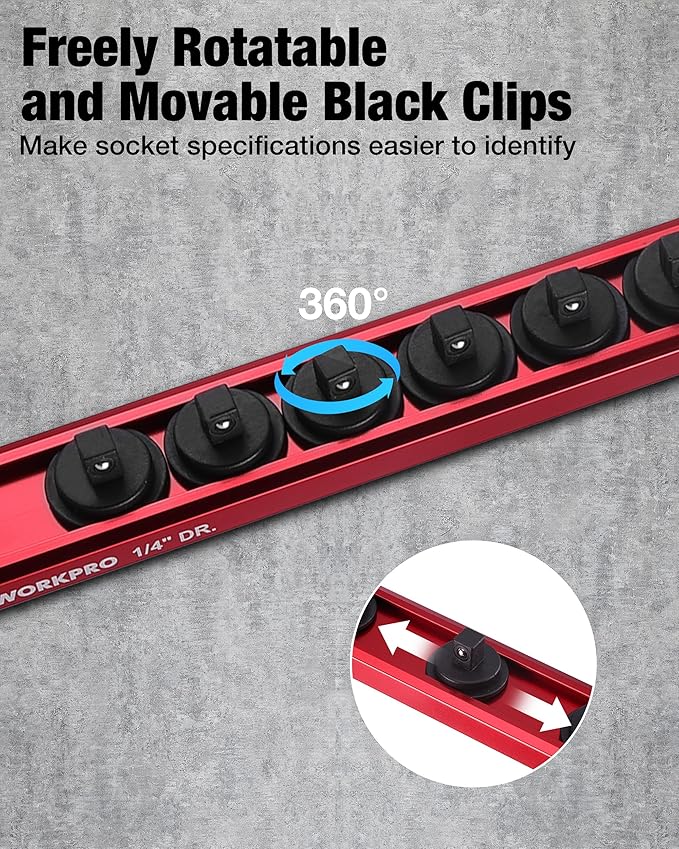 WORKPRO Magnetic Socket Organizer Set, 1/2" 3/8" 1/4" Drive Aluminum Alloy Socket Holder, 6PC Socket Rail with Removable Socket Clips, Socket Organizer Tray for Tool Box Drawer (Sockets Not Included)