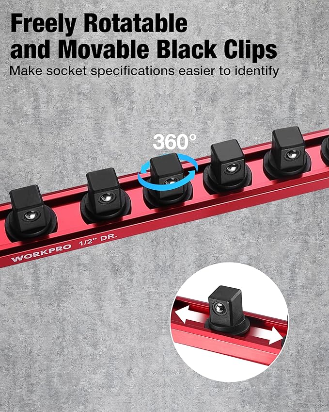 WORKPRO Magnetic Socket Organizer, 1/2" Drive Aluminum Alloy Socket Holder, Heavy Duty Socket Rail with 10 PC Removable Socket Clips, Socket Organizer Tray for Tool Box Drawer (Sockets Not Included)