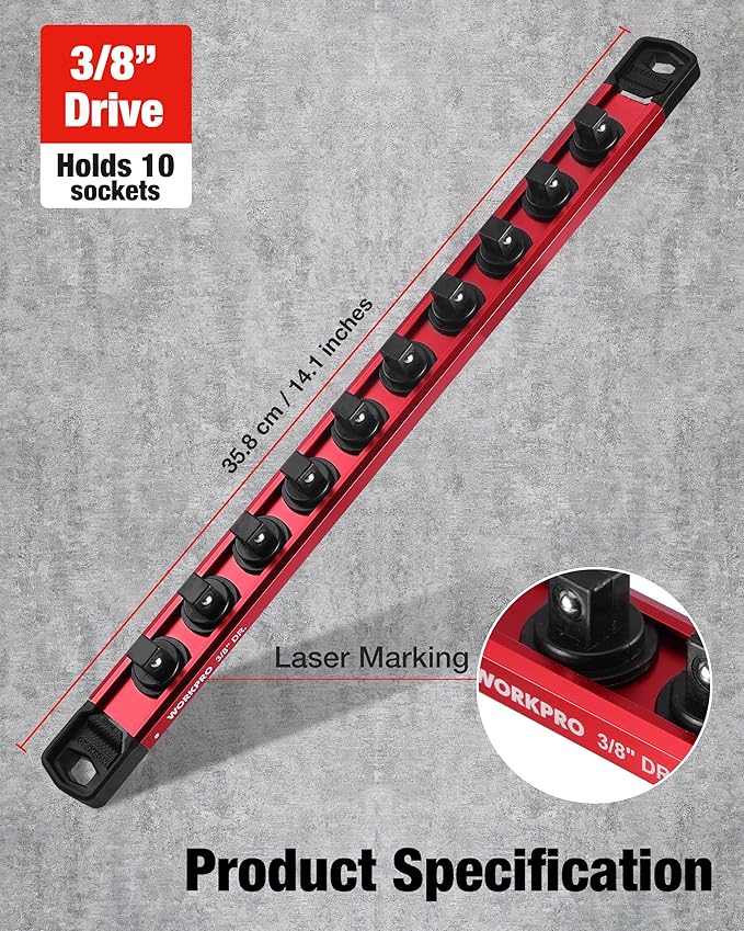 WORKPRO Magnetic Socket Organizer, 3/8" Drive Aluminum Alloy Socket Holder, Heavy Duty Socket Rail with 10 PC Removable Socket Clips, Socket Organizer Tray for Tool Box Drawer (Sockets Not Included)