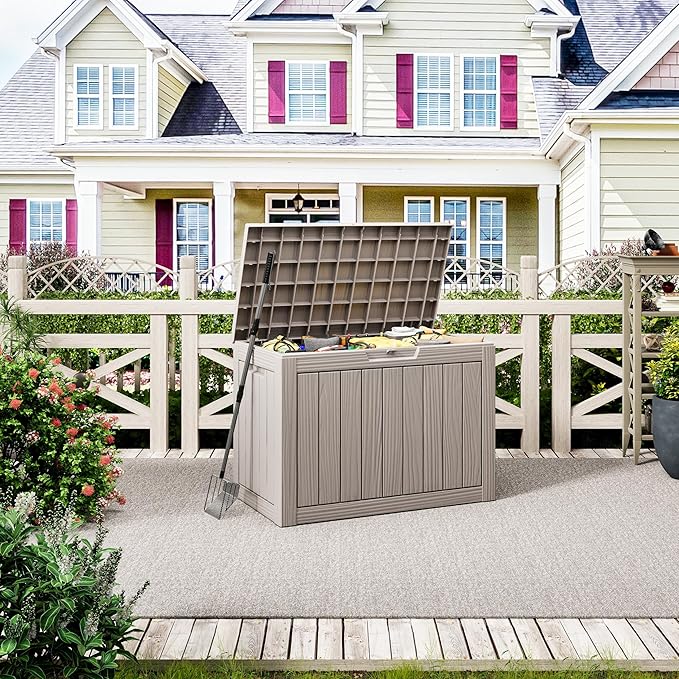 45 Gallon Outdoor Storage Deck Box Waterproof,Garden Tool,Backyard Cushion,Poolside Storage,Small Delivery Boxes for Outside,UV-Resistant & All-Weather,Wood-like Striped Gray