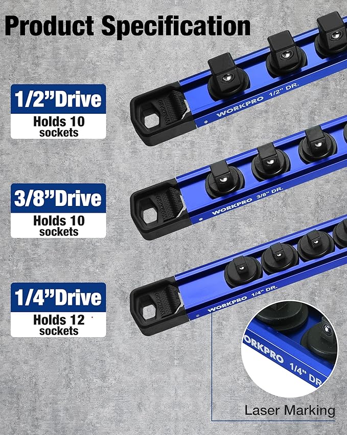 WORKPRO Magnetic Socket Organizer Set, 1/2" 3/8" 1/4" Drive Aluminum Alloy Socket Holder, 3PC Socket Rail with Removable Socket Clips, Socket Organizer Tray for Tool Box Drawer (Sockets Not Included)