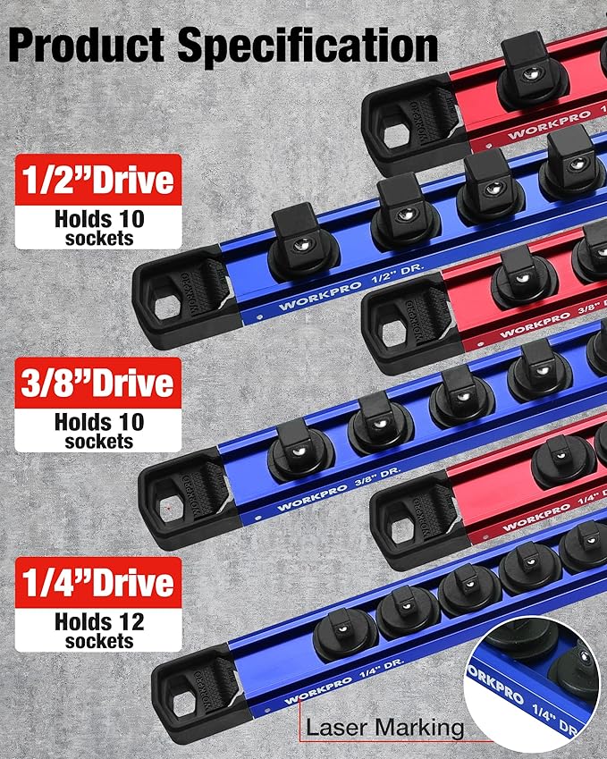 WORKPRO Magnetic Socket Organizer Set, 1/2" 3/8" 1/4" Drive Aluminum Alloy Socket Holder, 6PC Socket Rail with Removable Socket Clips, Socket Organizer Tray for Tool Box Drawer (Sockets Not Included)